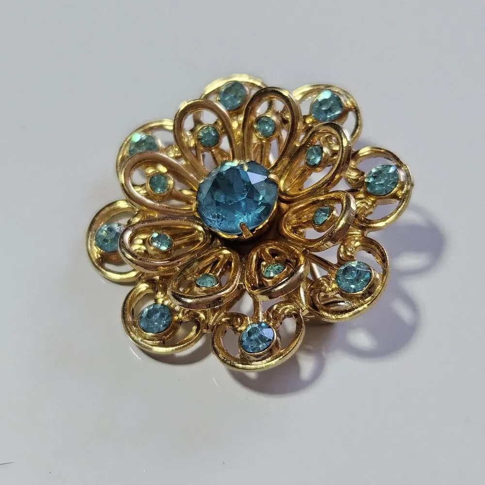 Vintage Coro Brooch Flower Blue Rhinestones Gold Tone Signed Pin